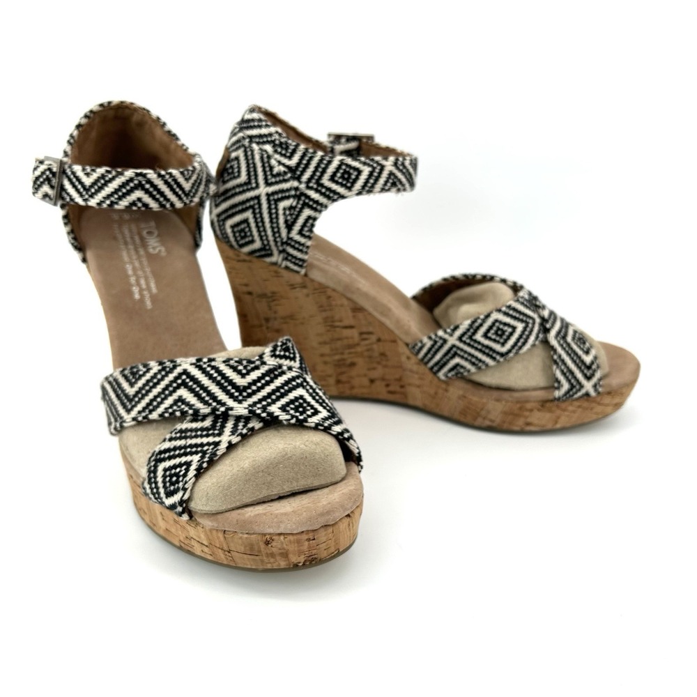 TOMS Wedge Platform Heel Sandals Womens 6.5 Black White Aztec Cork Ankle Strap‎